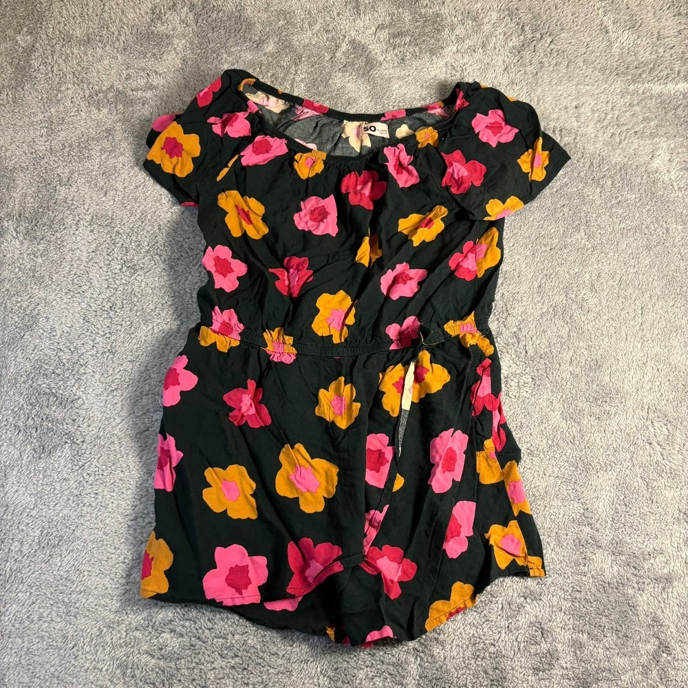SO Girls Floral Romper Black Pink Orange Short Sleeve XL 14/16 Summer One Piece